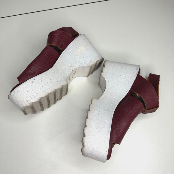 Anthro Gee Wawa Eggplant Leather White Platform Open Toe Ankle Strap Sandals 8 - Picture 8 of 10